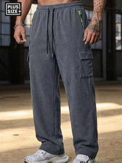 Autumn/Winter New Men's Corduroy Sweatpants, Casual Retro Fashion Plus Size Loose Fit Long Pants, Suitable For Shopping, Dating, Outdoor Leisure, Daily Wear, Max Weight Capacity Up To 300 Lbs.