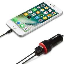 Basics - Adaptador de cargador de coche USB de doble puerto para dispositivos Apple y Android, 4.8 amperios, 24 W, negro y rojo - Negro / Rojo - Ver 4