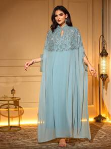 Elegant Long Abaya With Beaded Embroidery And Applique Decor, Keyhole Neckline, Batwing Sleeves, Woven Fabric - Mint Green - View 4