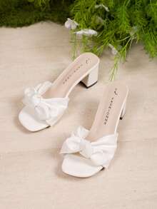 Sandalias de tacón alto con lazo para mujer, mulas de tacón grueso a la moda, adecuadas para fiestas y banquetes, pantuflas blancas - Blanco - Ver 6