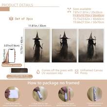 3pcs/Set Retro Witch Halloween Canvas Art Print, Abstract Wall Decoration, Suitable For Home Decor, Room Decor, Bedroom Decor, Living Room Decoration, Bathroom Decor, Wall Decor. Optional Wall Art With Frame.