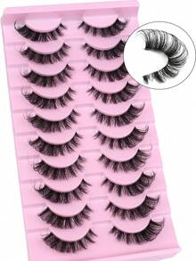 NAIJEMA 10对自然蓬松假睫毛，浓密假睫毛，柔软卷翘仿貂毛睫毛，3D自然纤长睫毛，适合派对、日常佩戴，猫眼妆效，纤长睫毛，浓密卷翘睫毛，可重复使用 - 黑色 - 查看 5