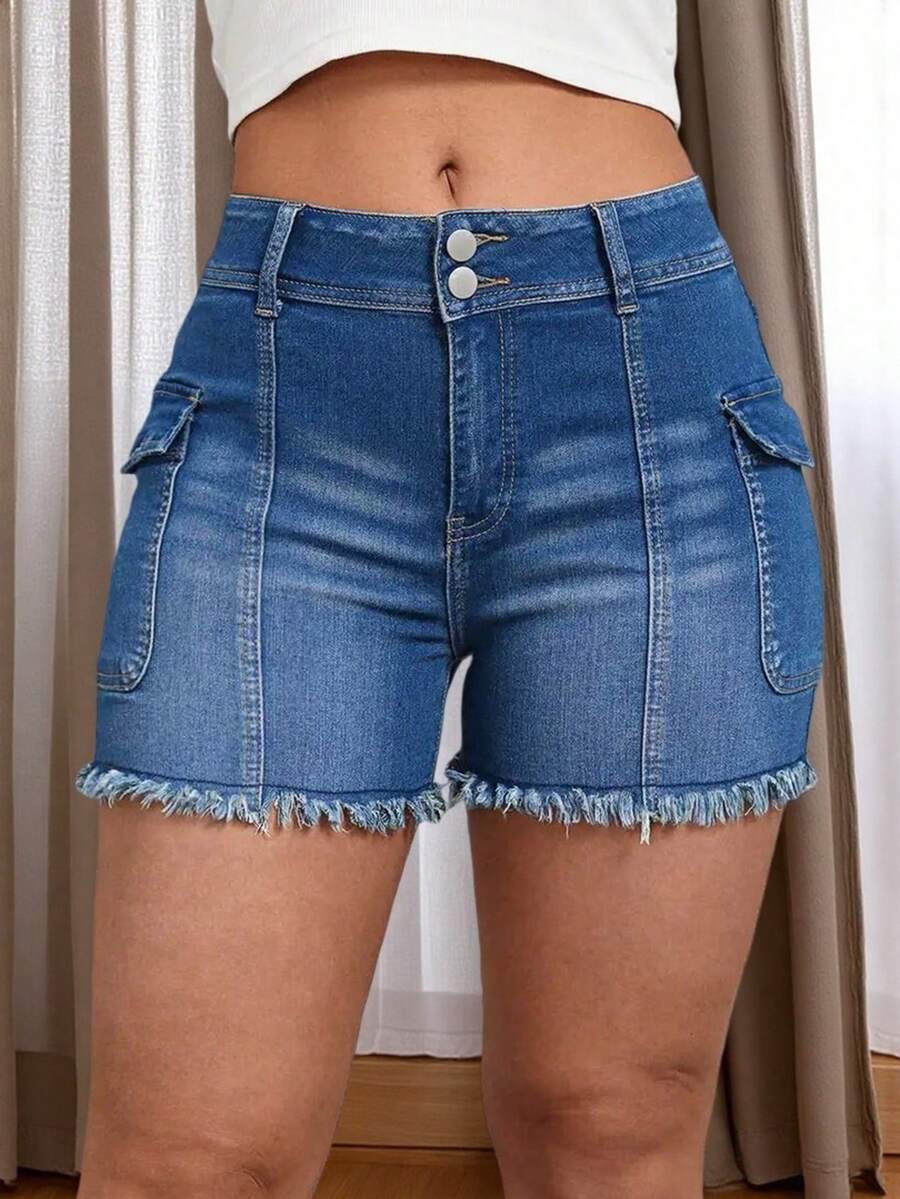 Women's Fashion Blue Denim Shorts, Straight Leg, With Pockets, Zipper And Button Details, Medium Stretch, Casual Style