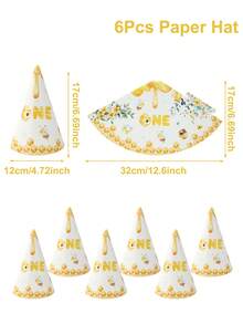 6pcs Bee Themed Paper Hats, Celebrate Baby's 1st Birthday Party Hats, Bee Honeycomb Themed Birthday Party Decorative Hats, Birthday Party Photo Props, Small Bee Party Decorations, 1st Birthday Party Supplies, Bee Themed 1st Birthday Party Accessories, DIY Casual Handmade Paper Hats, 1st Birthday Decorations, Birthday Gifts, Party Favors - 1-year-old Bee - View 11