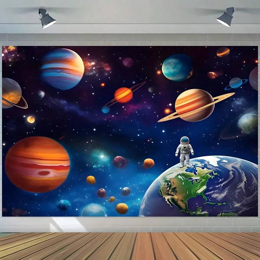 1 件银河太空主题背景布，适用于银河主题——外太空火箭、宇航员、行星、星星、星云图案，适用于生日派对装饰、摄影背景、派对装饰（宇宙主题派对）