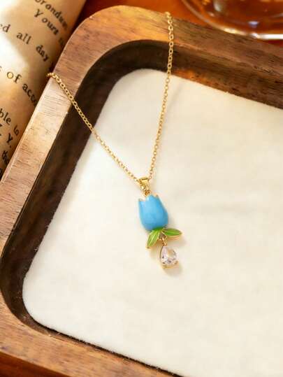 1pc Blue Floral Pendant Necklace, Minimalist Design, Fashionable Accessory Suitable For Daily Wear And Commuting (OPP Bag Packaging)