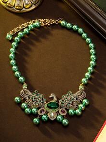 Vintage-Inspired Peacock Feather Design Necklace & Earrings Set With Green Gemstone And Faux Pearl, Luxurious And Elegant Jewelry Suitable For Important Occasions, Parties, Weddings, Gifts For Valentine's Day And Mother's Day - Multicolor - View 3