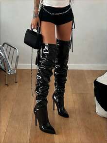 Women's Knee High Boots Patent Leather Pointed Toe Stiletto Heel Boots With Side Zipper Sexy Fashion Boots Prom Party Boots For Halloween Christmas - Da bóng màu đen - Xem 1
