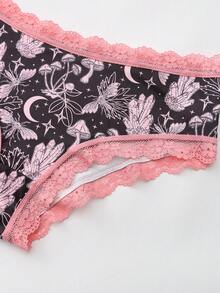 Dircho 5pcs Women's Sexy Cute Gothic Contrast Lace Bikini Panties - Allover Skull & Moon Print Silky Soft Comfy Intimates Underwear, Stretch Breathable Elastic Waist Lightweight Daily Lingerie Set - Multicolor - View 9