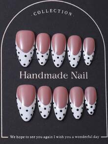 10片/套，欧美手工杏仁形美甲贴纸，Y2K白色法式风格及手绘波点印花设计，美甲装饰。包含1片果冻胶和1把指甲锉。完美适用于日常美甲，也适合科切拉音乐节等场合的造型。美甲贴片及美甲护理产品。美甲用品 手工美甲贴片 - 白色 - 查看 2
