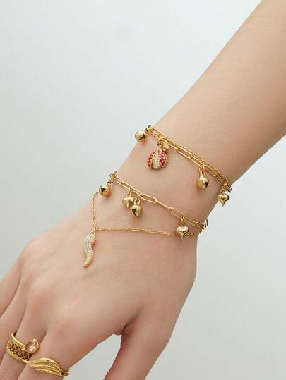 Women's Bracelet - 1 Gold Fashionable Versatile Stackable Stainless Steel Hollow Heart Bell With Diamond Inlay, Chili Pepper, Oil Drop, And Insect Pendants - Valentine's Day - Everyday Wear - Gift