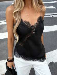 Women's Casual Soft Silky Lace Hollow Asymmetric Hem Fitted Camisole Top, Spring/Summer - Black - View 2