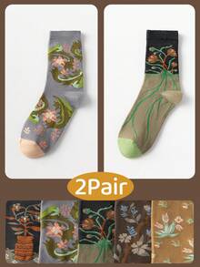 6/4/2/1 双装女士彩色3D立体花卉中筒袜，时尚可爱，春秋季棉质 - 彩色 - 查看 14