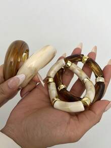 4pcs/1pc Vintage Elegant Bohemian Casual Style Women's Multicolor Wavy Shape Acrylic Open Bangles And Elastic Bracelets, Suitable For Daily Wear, Gatherings, Parties, Summer Beach Vacations And Travel, Gift - Multicolor - View 4