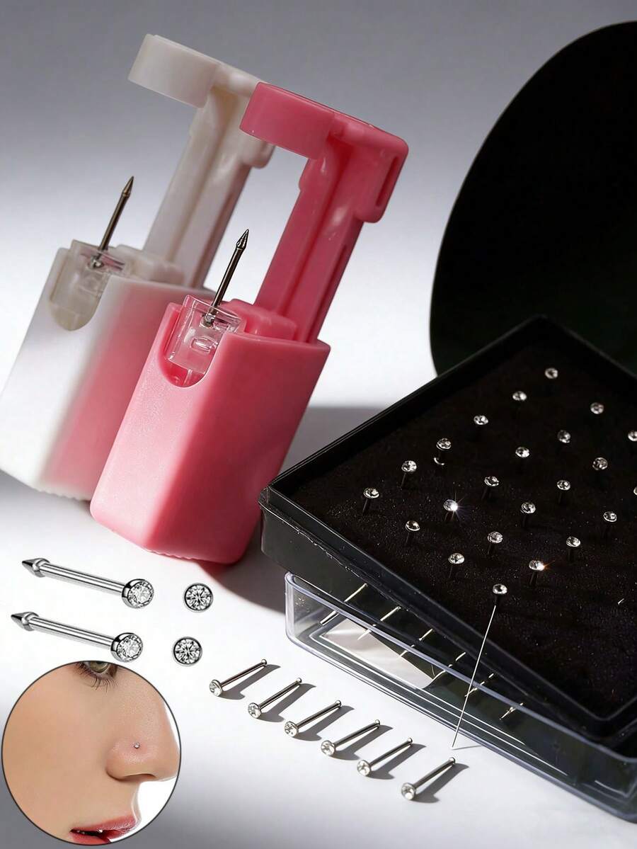 Bộ dụng cụ xỏ khuyên mũi dùng một lần kèm máy (24 món) - Trang sức mũi, khuyên tai dạng vòng dùng tại nhà và thẩm mỹ viện (Màu trắng) - Nhiều màu - Xem 1