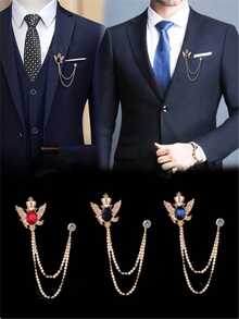 1pc Elegant Men's Brooch With Chain - Multipurpose Lapel Pin And Collar Clip For Suits, Ties, Hats And Scarves - Red/Blue/Black - Multicolor - View 5