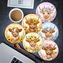 6pcs Cute Highland Cow Pattern Coaster Set, Home Decor Absorbent Silicone Coasters For Tea Cup, Water Glass, Wine Glass, Coffee Mug, Suitable For Home, Party, Kitchen Accessories, All Season Decoration - Multicolor - View 13