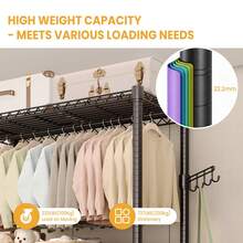 Techigher Heavy Duty Garment Rack With Wheels, Portable Rolling Closet With Hanging Rod & Side Hooks, Freestanding Metal Clothing Rack For Small Apartments/Dorms - Black - View 6