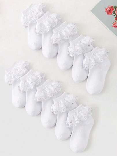 5 Pairs Girls' Classic White Casual Princess Style Ruffle Trim Socks, Skin-Friendly Soft Breathable Mesh Short Socks, Versatile For Holidays, Parties, School, Performances, Daily Wear