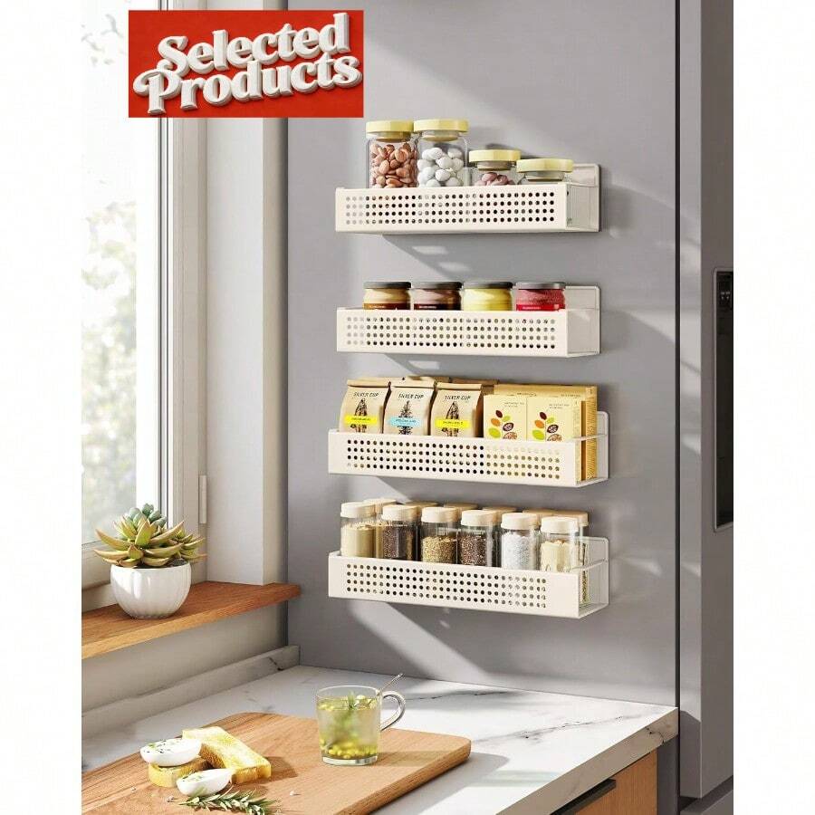 Especiero Magnético, Juego de 4, 2 Estantes Grandes y 2 Pequeños, sin Taladrar, para Cocina, Frigorífico, Blanco Crema MKCS061W01 & cocina | cocina accesorios | accesorios para cocina - por defecto - Ver 1