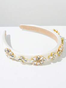 1 pièce Bandeau en tissu de couleur unie de haute qualité vintage pour femmes, avec décoration élégante de pierres étincelantes, convient pour les fêtes, les banquets et les sorties - FG542 - Blanc - Voir 1