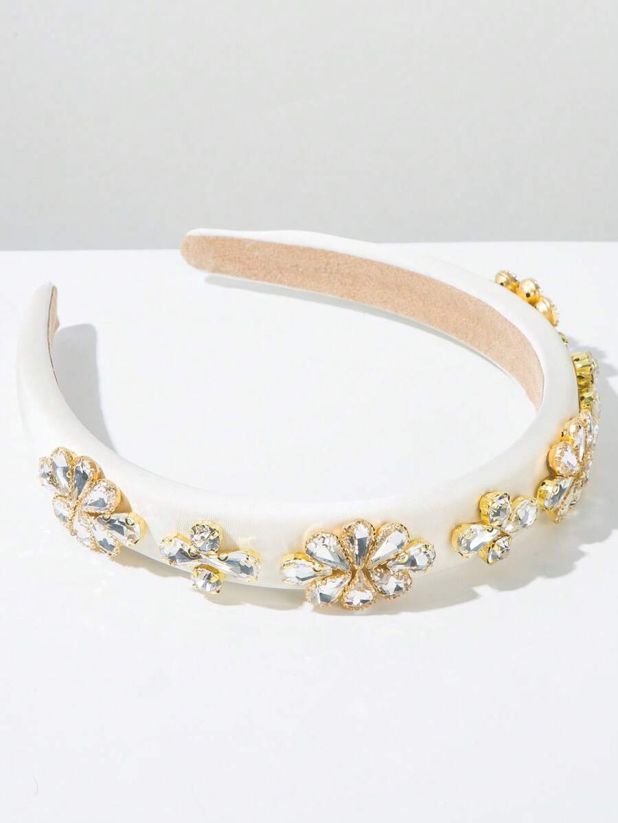 1 pièce Bandeau en tissu de couleur unie de haute qualité vintage pour femmes, avec décoration élégante de pierres étincelantes, convient pour les fêtes, les banquets et les sorties - FG542 - Blanc - Voir 1