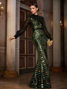 Women's Elegant Party Sequin Contrast Mesh Fishtail Hem Dress - Green - View 4