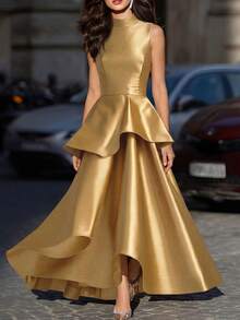 Vuslat 女士奢华金色无袖立领缎面褶裥腰身优雅不对称长款晚礼服，适合正式派对、毕业典礼、聚会、婚礼、新娘母亲礼服等场合，优雅修身 A 字立领 - 金色 - 查看 6