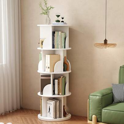4 Tier Rotating Bookshelf White, Spinning Kids Bookshelf Floor Standing, Round Revolving Bookcase Tower Childrens Bookcase For Bedroom & Living Room