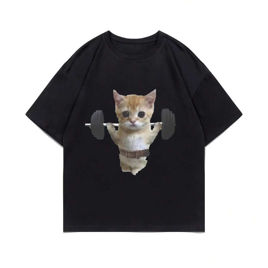 Funny Gym Sam Sulek Cat Graphic Print T-shirts Men Women Cute Fitness Pump Cover Tshirt Oversized Unisex Breathable Casual Top - Negro - Ver 1
