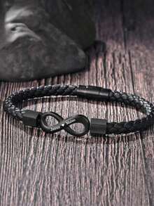1pc Customized Infinity Symbol Men's Bracelet, Personalized Woven Leather Magnetic Clasp Bracelet, Can Engrave Name Text, Minimalist Black Infinity Symbol Bracelet, Valentine's Day & Friendship Gift - Men's - View 5
