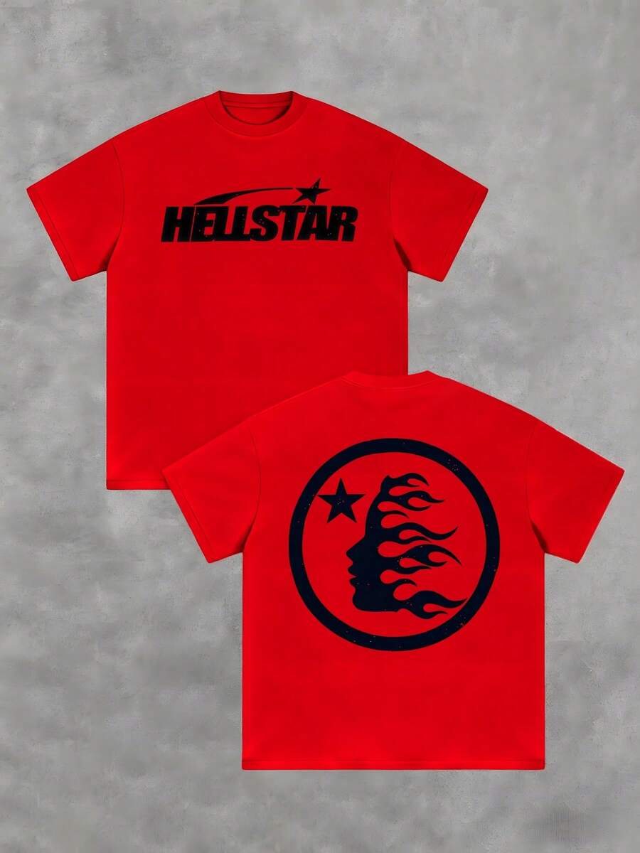 1Pcs Y2K Swag Star And Flame Men's 220G Casual T Shirt Streetwear Style 100% Cotton Men Clothes  Double Sided Graphic Printed T Shirt Burning Head Silhouette Tee - 紅色 - 查看 1