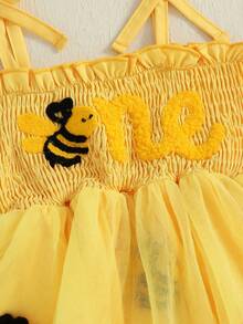 Baby Girl 1st Birthday Clothes One Year Old Tulle Romper Flying Sleeve Bodysuit Cake Smash Outfits - Màu vàng - Xem 7