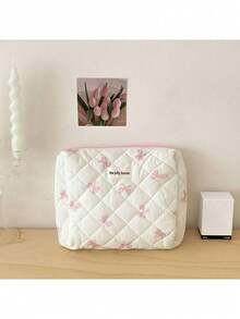 1pc Bow Knot Makeup Bag, Large Capacity Handheld Makeup Organizer, Quilted Minimalist Style, Multi-Functional Cosmetic Bag, Toiletry Bag, Elegant Travel Makeup Bag, Beauty Tool Storage Makeup Bag, Gift Bag, Women Gift, Travel Bag, Travel Essential, Summer Mother Daughter - Pink - View 4