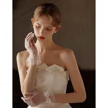 Short Lace Mesh Gloves Tulle Border With Pearls Wedding Opera Tea Party Gloves For Women Formal,OneSize,Ivory-2 - 象牙-2 - 查看 3