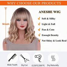 D14 Inches Blonde Wig For Women Girls Ash Blonde Wig Short Curly Wig Synthetic Wig With Bangs Ombre Blonde Wig For Daily Cosplay Party - BlondeOmbre - View 6
