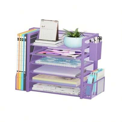 6 Tier Desk File Organizer Paper Letter Tray Organizer With File Holder And Pen Container Black