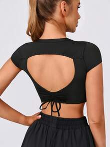 Women's Solid Color Fashionable Removable Padded Crew Neck Backless Drawstring Tie Sports Knit Bra - Black - View 2