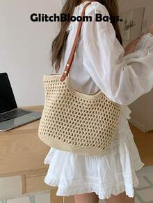 Túi tote đan rơm mùa hè mới 2025, túi đeo vai đa năng đi biển, túi xách đi làm. - Màu be - Xem 4