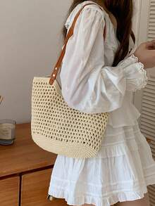 Túi tote đan rơm mùa hè mới 2025, túi đeo vai đa năng đi biển, túi xách đi làm. - Màu be - Xem 3