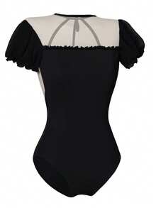 Daydance1 女士芭蕾舞紧身衣，后背系带泡泡袖舞蹈紧身衣，成人网纱拼接体操露背连体衣芭蕾舞服 - 黑色 - 查看 5