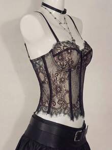 黑色蕾丝细肩带性感女士文胸，蕾丝边紧身文胸，适合日常穿着、私人派对、生日聚会等场合，时尚百搭，性感蕾丝女士文胸 - 黑色 - 查看 3