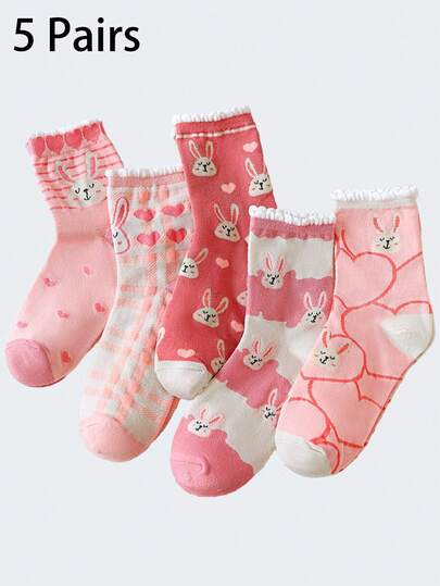 5 Pairs Of Women's Pink Bunny Mid-Calf Socks, Decorated With Lovely Cartoon Rabbit Patterns,Soft And Comfortable, Suitable For Daily Wear, Home, Commuting, And Sports, All-Season Versatile Long Socks, Easter Gift