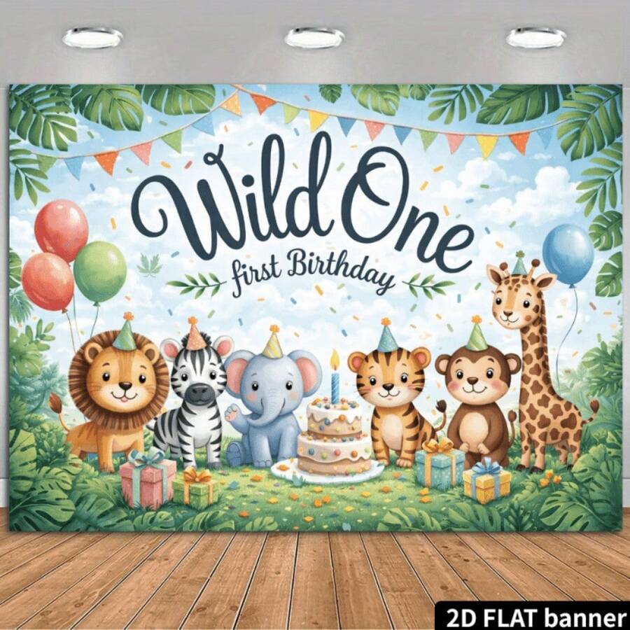 2D Flat Tropical Animal 1st Birthday Background Cloth, Lion, Zebra, Elephant, Tiger, Monkey, Giraffe Wearing Party Hat, "Wild One" Artistic Words, "First Birthday" Artistic Words, Colorful Balloons (Red, Green, Orange, Blue), Colorful Scraps Of Paper (Orange, Green, Blue), Tropical Green Leaves (Turtle-Back Bamboo, Palm Leaves), Light Green Grassland Background Polyester Material, Suitable