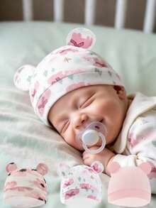 3 chiếc mũ tai gấu cho trẻ sơ sinh, mũ len chống trầy xước, mũ len cho bé trai và bé gái dùng trong bệnh viện. - Hồng - Xem 7