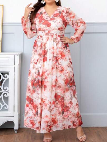 DEARCASE Vestido de manga larga con cuello en V y estampado floral para mujer de talla grande