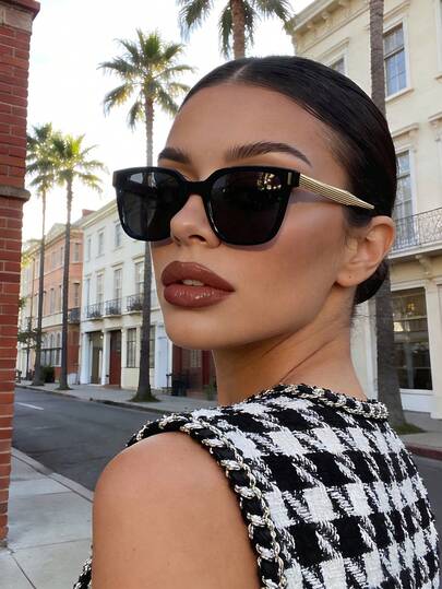 Retro Oversized Square Metal Temple Fashion Glasses, Black Frame Sunglasses Shades For Ladies Women Men Big Face, UV Protection For Summer Driving & Travel