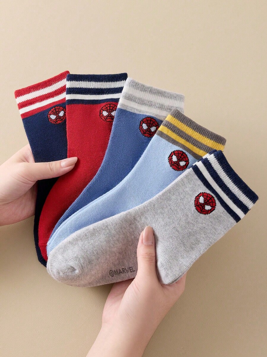 Marvel 5 Pairs Kids Striped Socks, Superhero Spider-Man Socks For Boys, Mid-Calf Socks, Cartoon Style, Suitable For Spring/Autumn, Girls