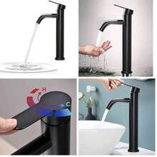 Grifo de lavabo moderno, grifo de bao negro mate, grifo de acero inoxidable, con cao de 30 cm de alto, grifo de lavabo de un solo orificio - Negro - Ver 11