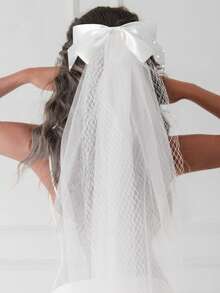 1件装新娘头纱，带蝴蝶结发夹，长款蕾丝头纱，新娘头饰，适用于婚礼、订婚、结婚登记 - 長頭紗 - 查看 1